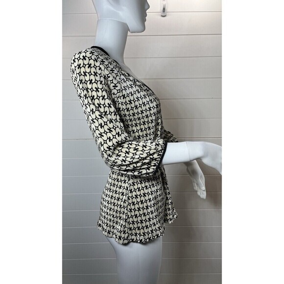 Nicola Y2K Womens Chain Link Beige/Black Babydoll Surplice Crinkle Top M Pinup - Picture 3 of 13